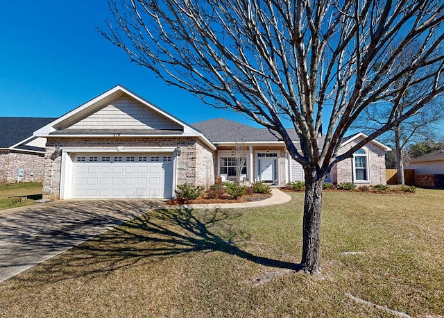 view of front facade featuring concrete driveway, brick siding, an attached garage, and a front yard