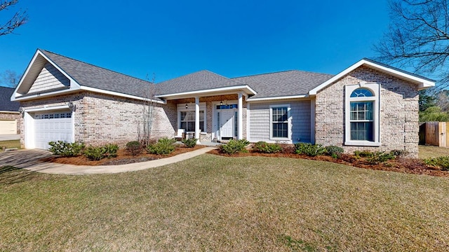 ranch-style house with a front lawn, roof with shingles, an attached garage, and fence