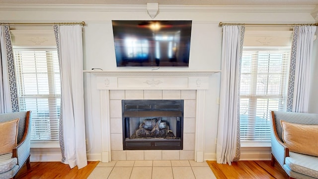 details featuring ornamental molding, wood finished floors, and a tile fireplace