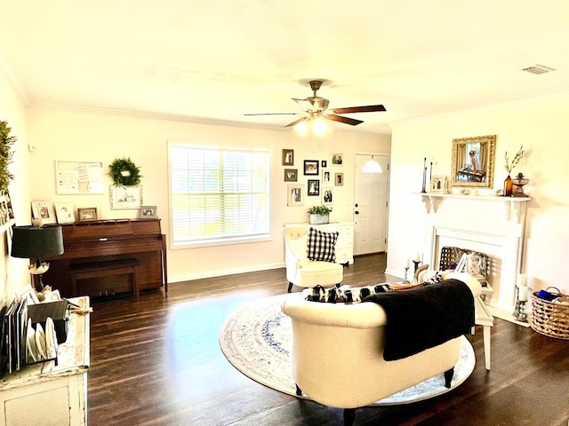 31 County Road 276, Enterprise, AL 36330 - living room featuring ornamental molding, dark wood-style flooring, a fireplace, and ceiling fan