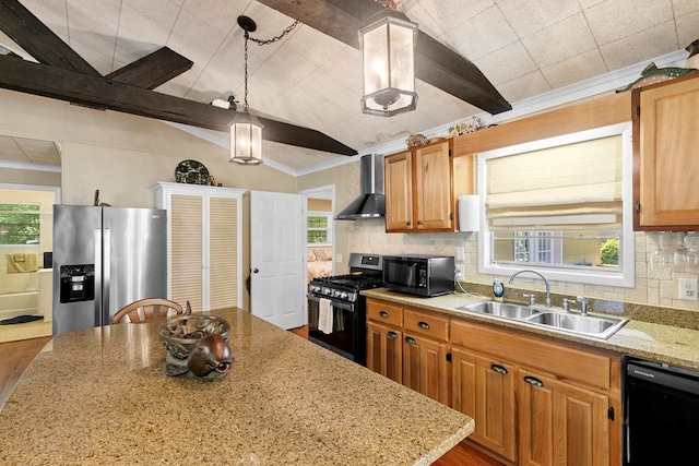 668 Lake Front Dr, Abbeville, AL 36310 - kitchen with black appliances, wall chimney exhaust hood, wood finished floors, crown molding, and decorative backsplash