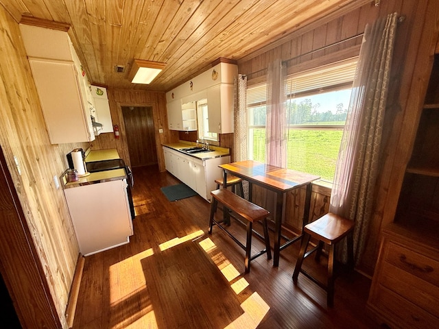 kitchen featuring range, white cabinetry, wooden ceiling, dark wood-style flooring, and wooden walls