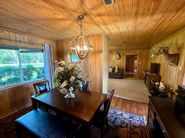 dining space featuring wooden ceiling, wooden walls, a notable chandelier, and wood finished floors