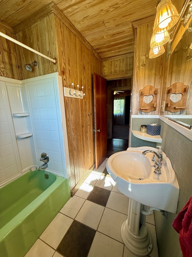 full bathroom featuring bathtub / shower combination, tile patterned flooring, wooden walls, and wood ceiling