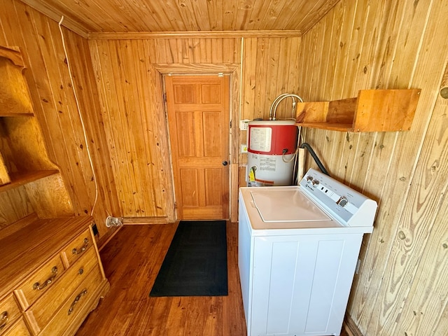 washroom with wood finished floors, water heater, wooden ceiling, and washer / dryer