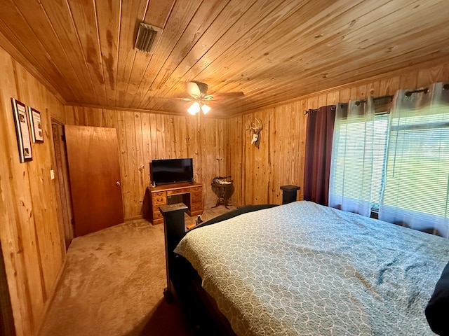 carpeted bedroom featuring wooden walls, visible vents, and wooden ceiling