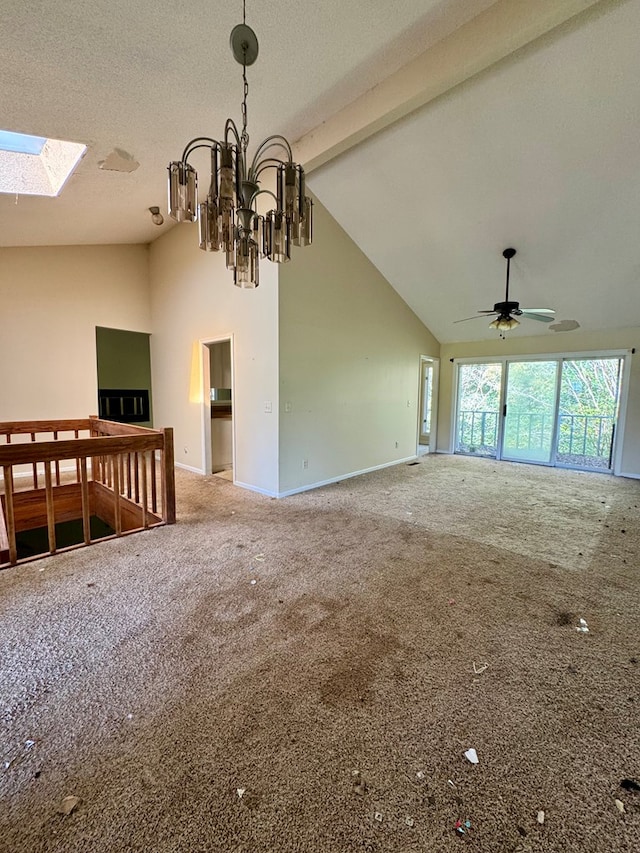 unfurnished living room with carpet, a textured ceiling, ceiling fan with notable chandelier, high vaulted ceiling, and beamed ceiling