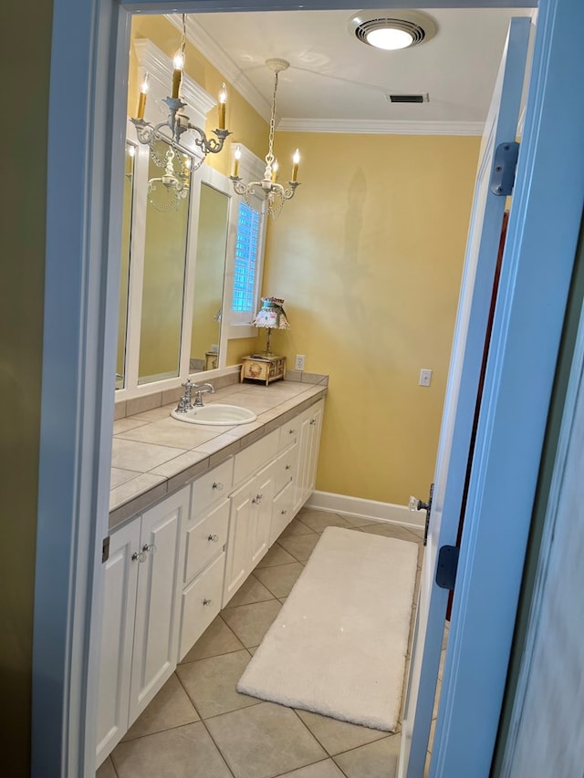 bathroom featuring visible vents, tile patterned floors, an inviting chandelier, crown molding, and vanity