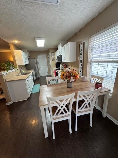 dining area featuring sink, a textured ceiling, and dark wood-type flooring