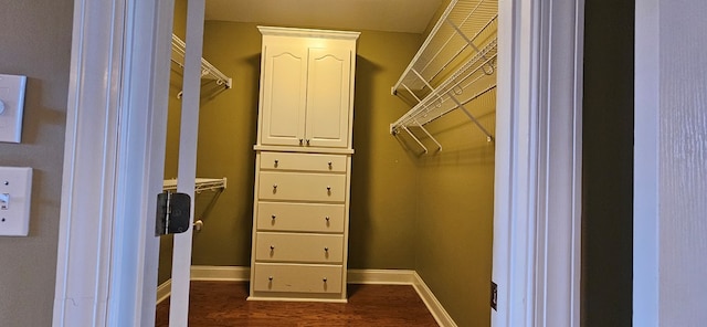 walk in closet with dark wood-style flooring