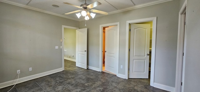 unfurnished bedroom with crown molding, a ceiling fan, and baseboards