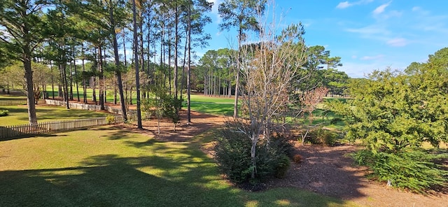 view of home's community featuring a lawn and fence