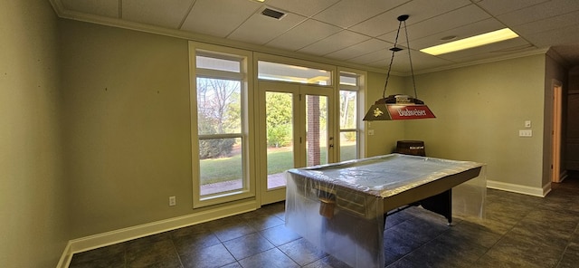 rec room with a paneled ceiling, baseboards, billiards, and crown molding