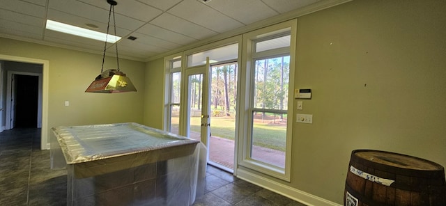 doorway to outside featuring french doors, baseboards, ornamental molding, and pool table