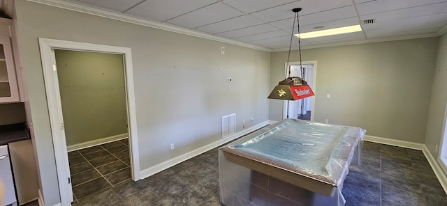 playroom featuring a paneled ceiling, visible vents, baseboards, and crown molding