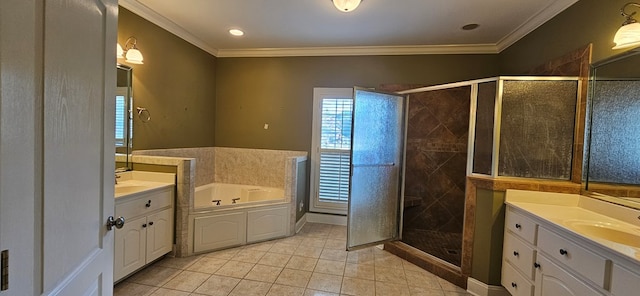 full bath featuring two vanities, a healthy amount of sunlight, a shower stall, and crown molding