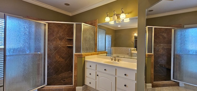 full bathroom featuring a shower stall and ornamental molding