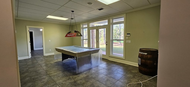 playroom with visible vents, baseboards, ornamental molding, pool table, and a paneled ceiling