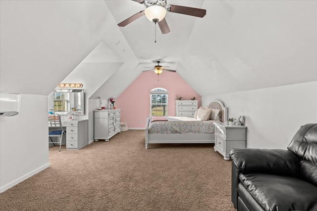 bedroom featuring vaulted ceiling, ceiling fan, carpet flooring, and baseboards