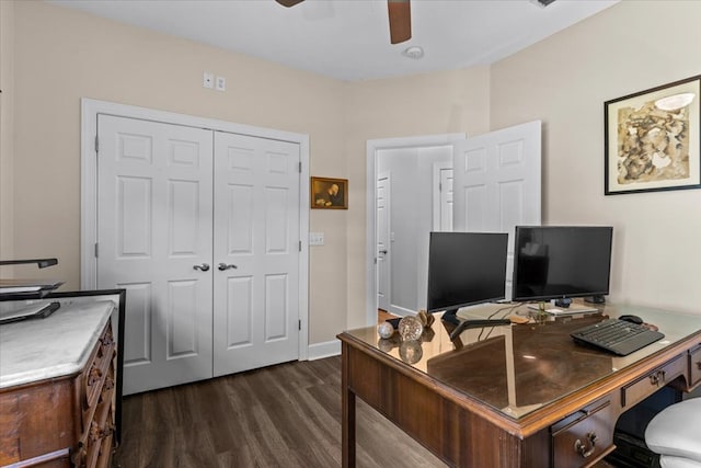 home office with dark wood finished floors, baseboards, and ceiling fan