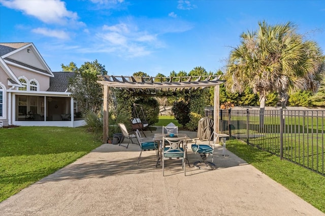 view of patio featuring fence, a sunroom, and a pergola