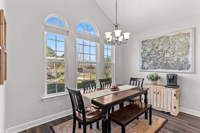 dining area featuring plenty of natural light, dark wood finished floors, and baseboards