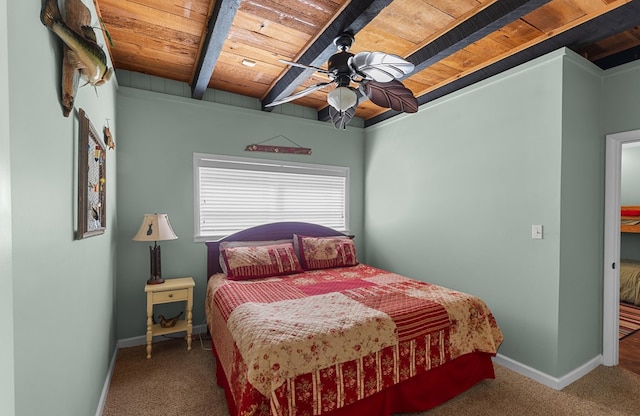 carpeted bedroom with beamed ceiling, ceiling fan, and wooden ceiling