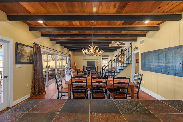 dining area featuring wooden ceiling, wooden walls, beamed ceiling, and a chandelier