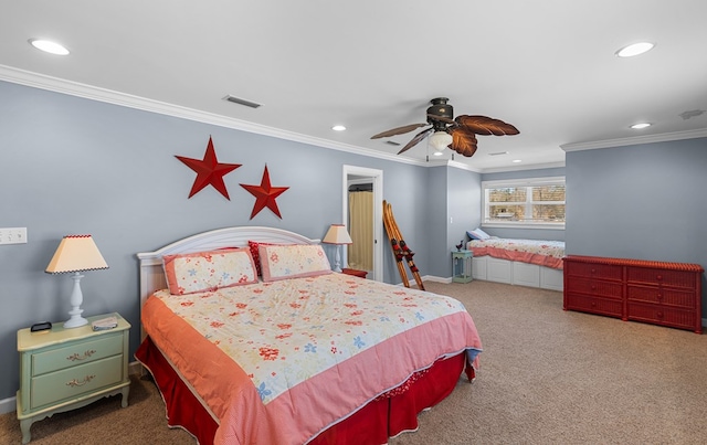 carpeted bedroom featuring ceiling fan and ornamental molding