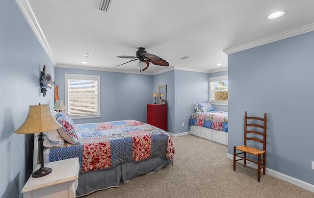 carpeted bedroom with multiple windows, ceiling fan, and crown molding