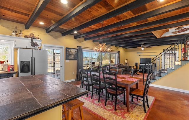 dining room featuring beamed ceiling, ceiling fan with notable chandelier, wooden ceiling, and a healthy amount of sunlight