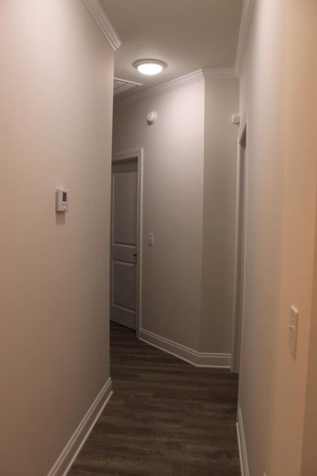 2702 Samantha Dr, Dothan, AL 36303 - corridor featuring ornamental molding, baseboards, and dark wood-style floors