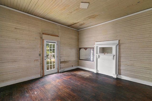 empty room with wooden ceiling, dark wood-type flooring, and wood walls