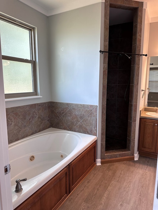 183 Chestnutt Rd, Slocomb, AL 36375 - full bathroom featuring vanity, a jetted tub, wood finished floors, and a stall shower