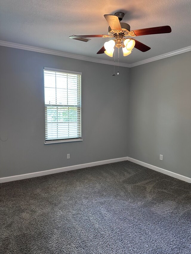 183 Chestnutt Rd, Slocomb, AL 36375 - spare room with a ceiling fan, dark colored carpet, crown molding, and a textured ceiling