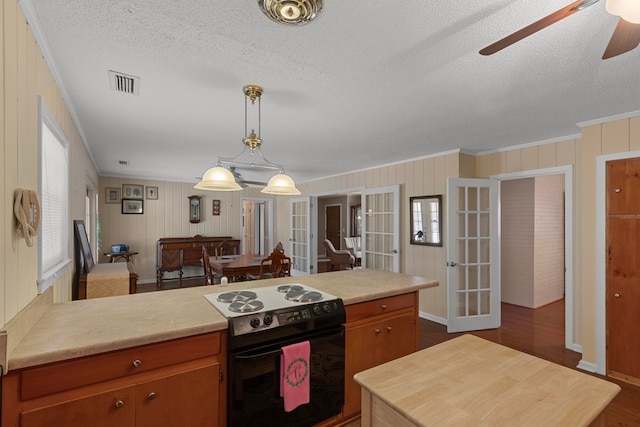 kitchen with black electric range, crown molding, ceiling fan, pendant lighting, and french doors