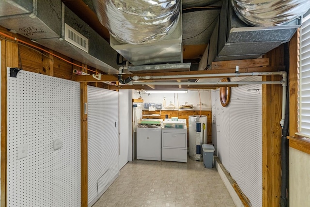 interior space with water heater and washing machine and clothes dryer