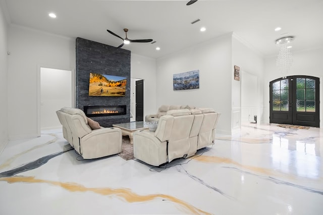 5700 S State Highway 605, Rehobeth, AL 36301 - living room featuring a ceiling fan, crown molding, recessed lighting, a fireplace, and marble tiled floors