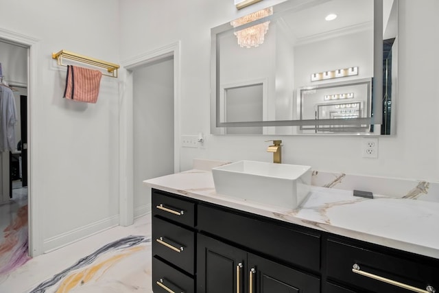 5700 S State Highway 605, Rehobeth, AL 36301 - full bathroom with vanity, ornamental molding, a chandelier, and marble finish floors