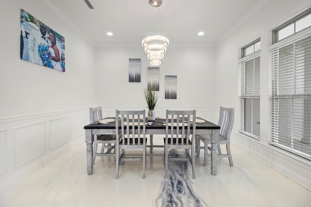5700 S State Highway 605, Rehobeth, AL 36301 - dining space featuring a chandelier, a wainscoted wall, a decorative wall, recessed lighting, and crown molding