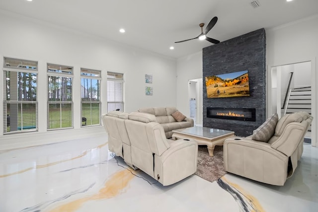 5700 S State Highway 605, Rehobeth, AL 36301 - living room featuring a stone fireplace, ceiling fan, recessed lighting, and ornamental molding