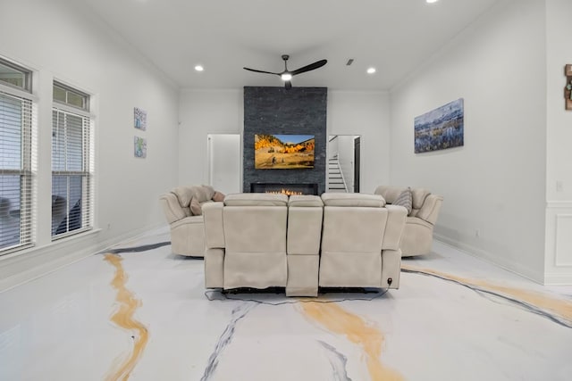 5700 S State Highway 605, Rehobeth, AL 36301 - living area featuring ceiling fan, recessed lighting, ornamental molding, and a fireplace