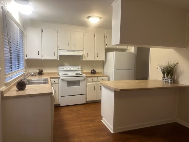 kitchen featuring kitchen peninsula, white appliances, sink, white cabinets, and dark hardwood / wood-style floors