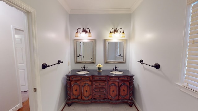 bathroom with tile patterned floors, vanity, and ornamental molding