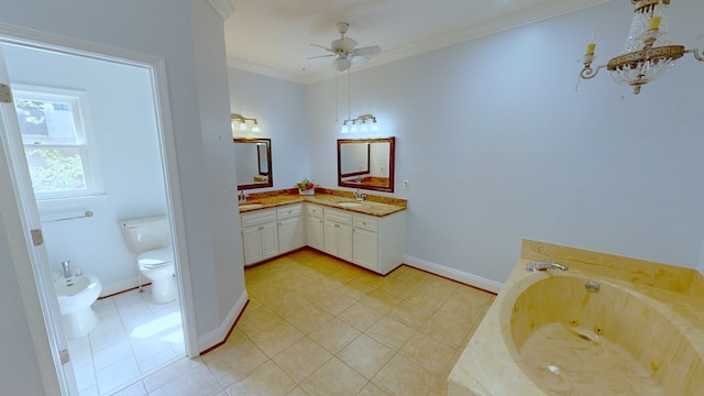 bathroom with vanity, a bidet, crown molding, ceiling fan, and toilet