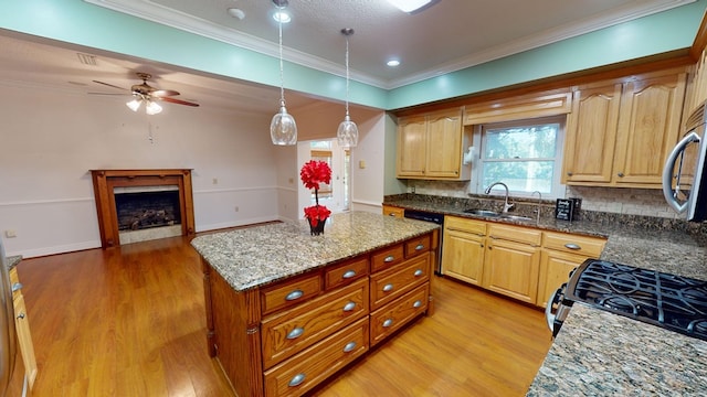 kitchen featuring hanging light fixtures, sink, appliances with stainless steel finishes, and light hardwood / wood-style flooring