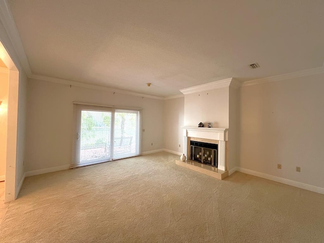 unfurnished living room with light carpet and ornamental molding