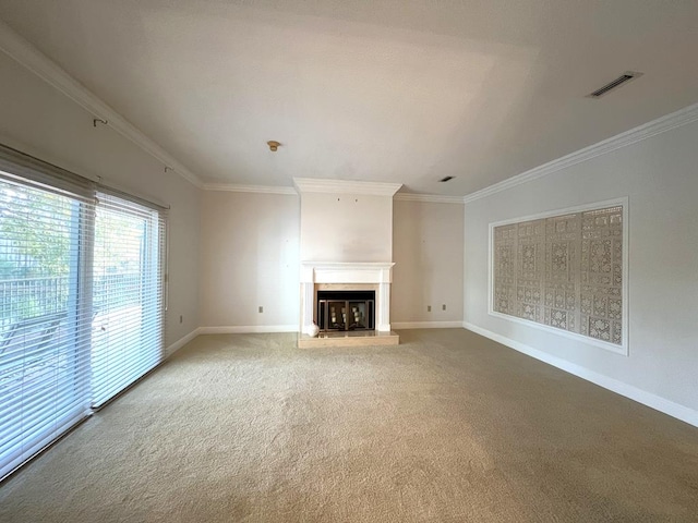 unfurnished living room with carpet and ornamental molding