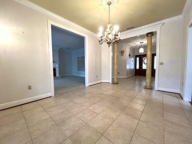 unfurnished dining area with decorative columns, crown molding, light tile patterned floors, and a chandelier