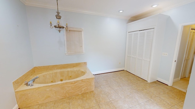 bathroom featuring tile patterned floors, crown molding, and a tub